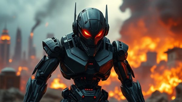 AI Takeover Timeline: Menacing robot with red eyes in a burning city.