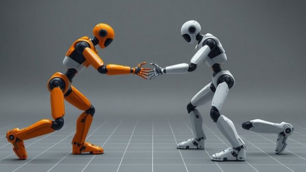 AI-powered humanoid robots in dynamic virtual motion scene.