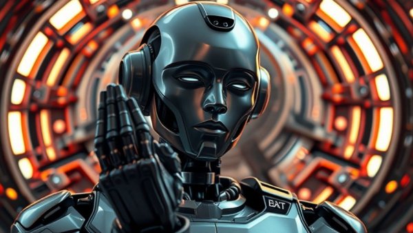 AI Just Keeps Getting Smarter: Futuristic robot praying in digital sci-fi world.