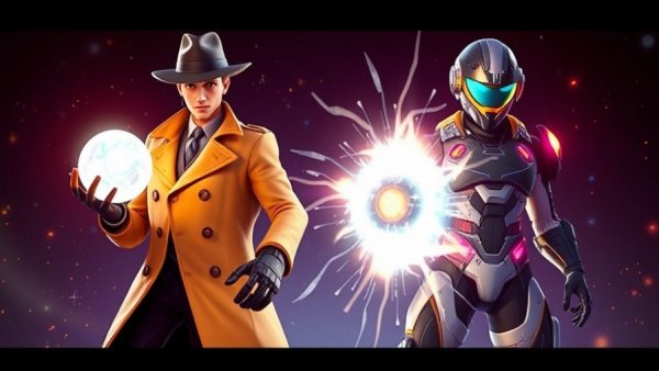 Fortnite characters in dramatic scene, energy orbs in hand.