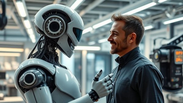 Modern robotics lab showcasing the future of robotics with humanoid robot interaction.