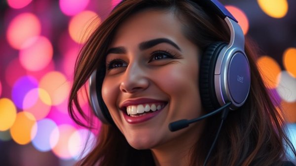 Woman enjoying music with headphones in a colorful digital setting, Product Storytelling for Women Entrepreneurs.