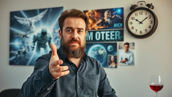 Bearded man in collage with fantasy, tech images; contrasting styles.