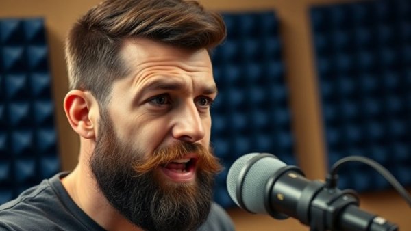 Bearded man speaking in soundproof studio about AI writing sound human.