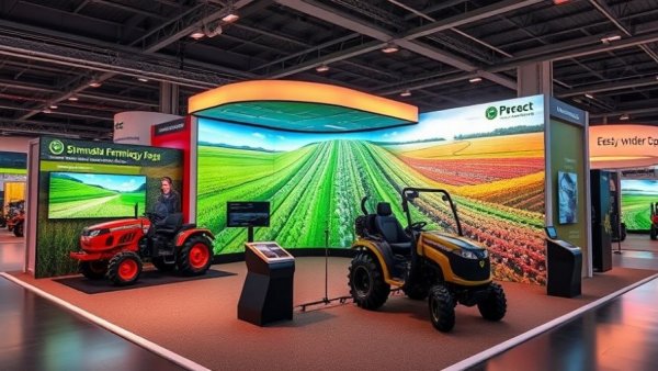 John Deere Harvest Simulator exhibit at an indoor agricultural show.