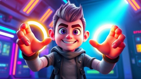 Non-Destructive Animation UE5 character with glowing rings, neon style.