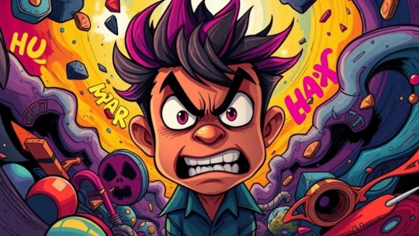 Stylized animated character in a chaotic environment, vibrant colors