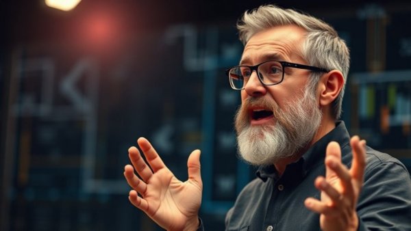 Middle-aged man discussing ChatGPT prompt engineering on digital stage.