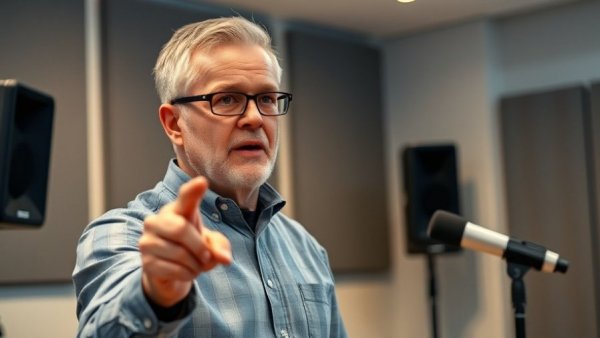 Middle-aged man discussing AI Memory in Conversations, pointing indoors.