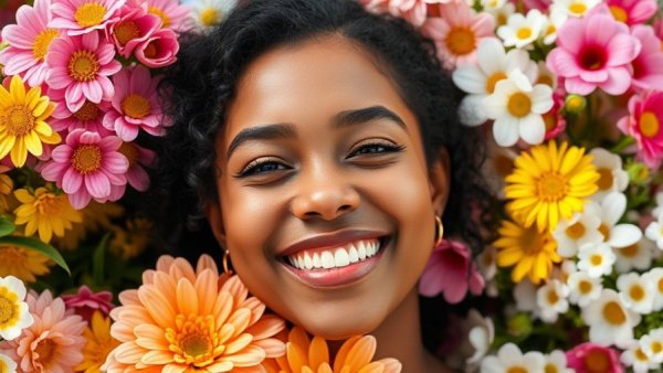 Smiling person surrounded by colorful flowers raising organ donation awareness.