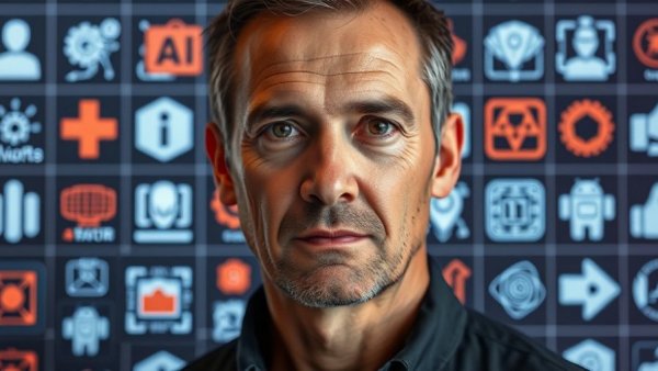 Man with AI icons in grid background representing essential AI tools.