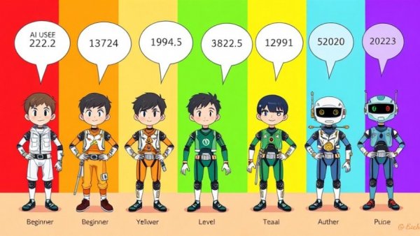 7 Levels of AI User depicted in colorful cartoon characters.