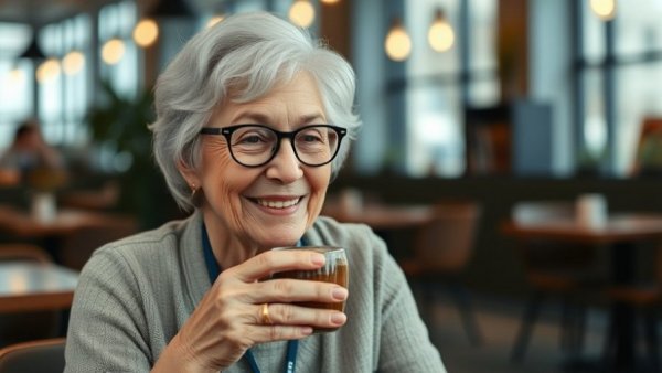Elderly woman enjoying coffee in a cafe, representing Barbara Kingsley's WordPress success story.