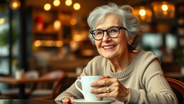 Elderly woman smiling over coffee in a cozy cafe setting.