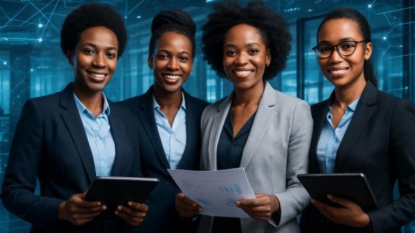 Confident African women leaders collaborating in a modern setting.
