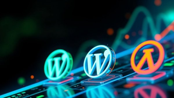 Futuristic WordPress design and layout icons glowing in neon