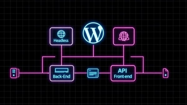 Diagram of headless WordPress hosting showing API between back-end and front-end.