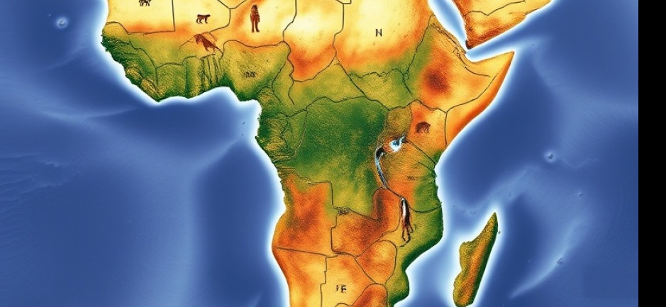 Africa cradle of civilization with water bodies and prehistoric theme.