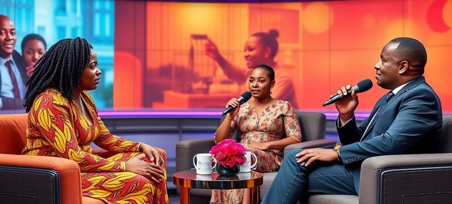 Engaging talk show discussing relationships in Lagos with vibrant setting.