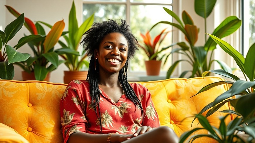 Cheerful African woman on yellow paisley sofa, embodying romance in filmmaking with Bolaji Kekere-Ekun.
