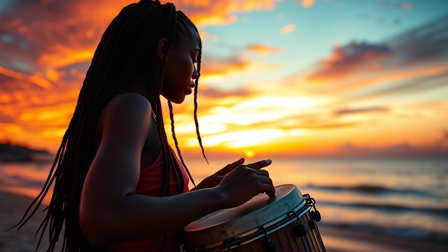 Serene African woman playing conga drums at sunset, embodying Amapiano Jazz vibes.