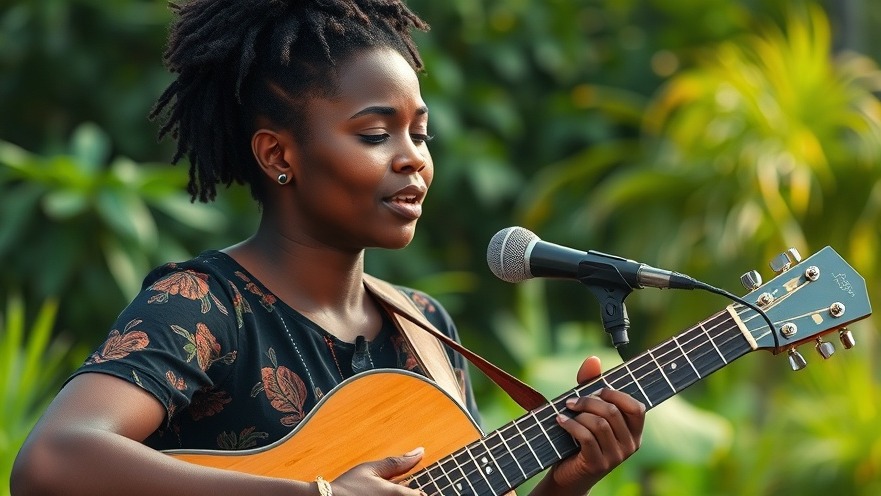 Young African woman musician singing with strength and trust in a serene outdoor community.