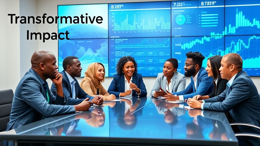 Diverse African professionals discussing finance and AI with vibrant data visuals.