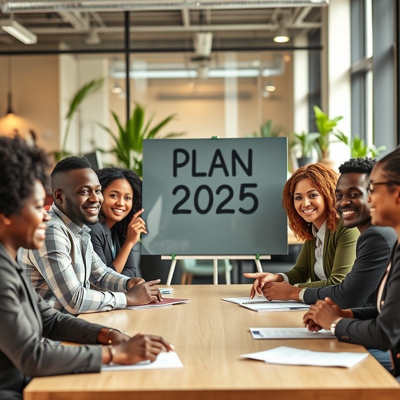 Diverse business team in a modern office discussing entrepreneurial checkups.