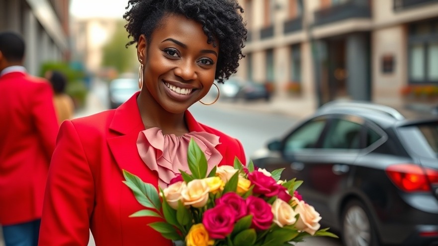 Bolaji Kekere-Ekun, a Nigerian Filmmaker, smiles in a red suit holding flowers.