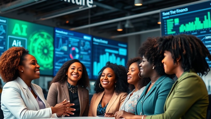 Diverse African women professionals discussing innovations in finance, with AI data displays.