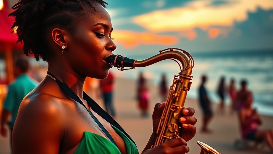 Talented female saxophonist performing Neo Soul music at a vibrant beachside sunset.