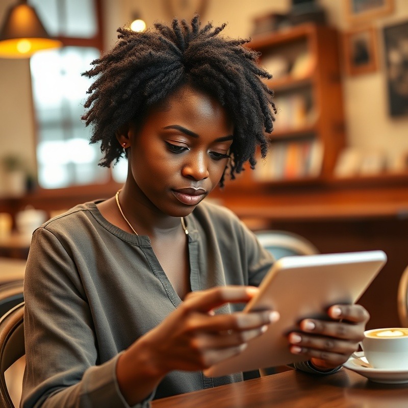 Tablet language learning app in cozy cafe setting
