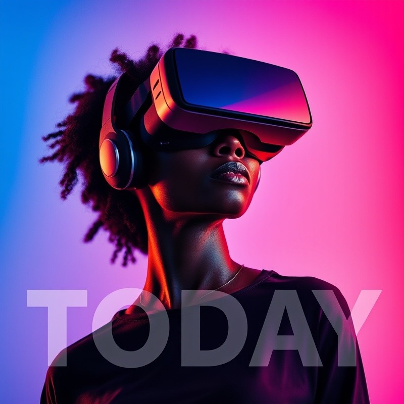AI business growth concept with man using VR headset, vibrant background.