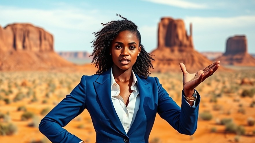Stylish young African woman in a blue suit gesturing, embodying soulful melodies in a desert landscape.
