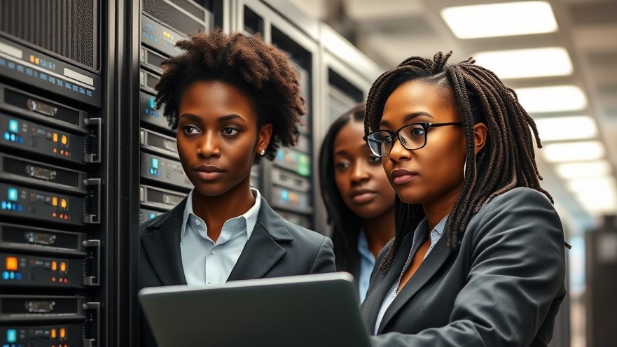 Professional network of African female administrators analyzing servers in a modern data center.