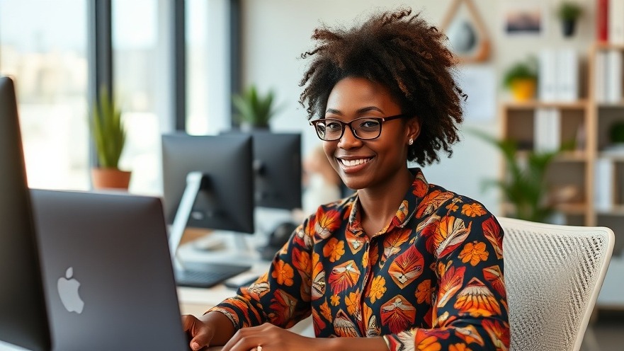 African woman working in a modern digital office space.
