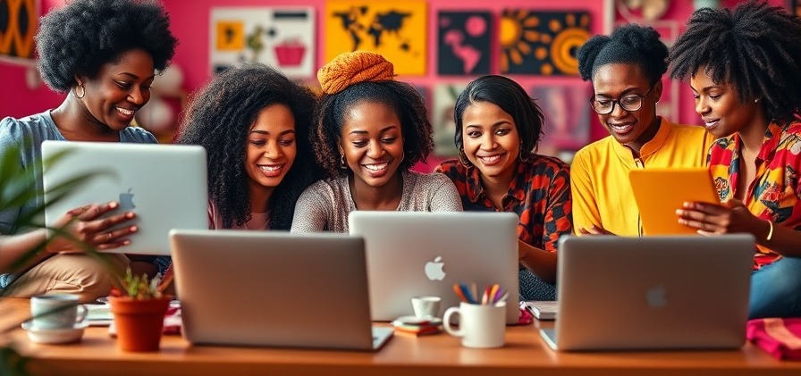 Diverse African women entrepreneurs using design tools for AI integration in visual branding.