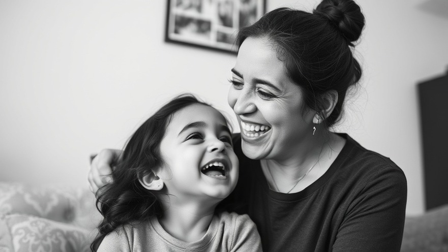 Emotional black and white photo of a Palestinian mother and daughter laughing, highlighting humanitarian rights.