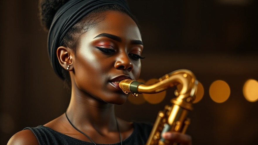 Elegant young woman playing saxophone, illustrating jazz music benefits for relaxation.