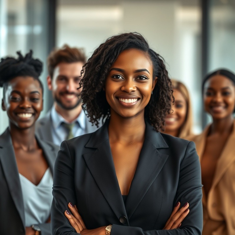 Young woman leading diverse business team, showcasing entrepreneurial leadership.