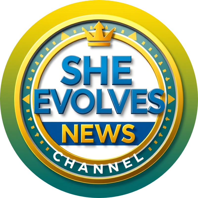 3D circular logo for SHE EVOLVES NEWS featuring bold typography and African patterns.