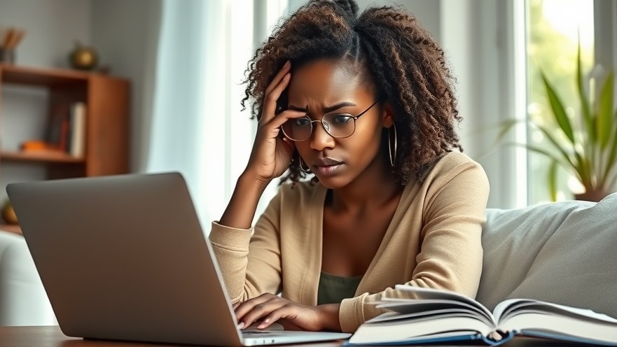 Stressed young African woman managing workforce dynamics at home with her laptop.