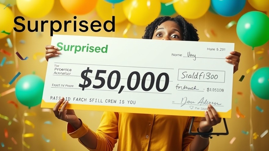 Surprised African woman celebrates unexpected wealth with a $50,000 check, vibrant confetti backdrop.