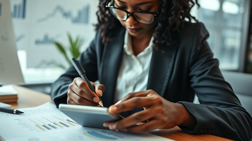 Focused African woman entrepreneur analyzing financial data with budgeting tools in office.