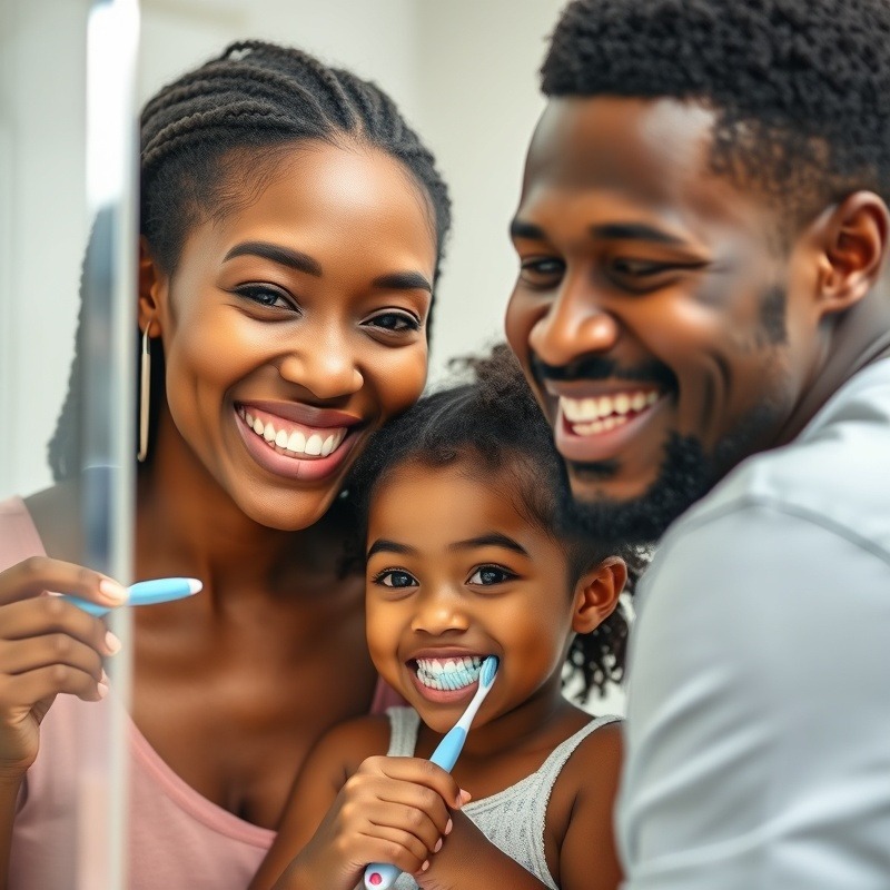 Father teaching daughter to brush teeth, child life skills lesson