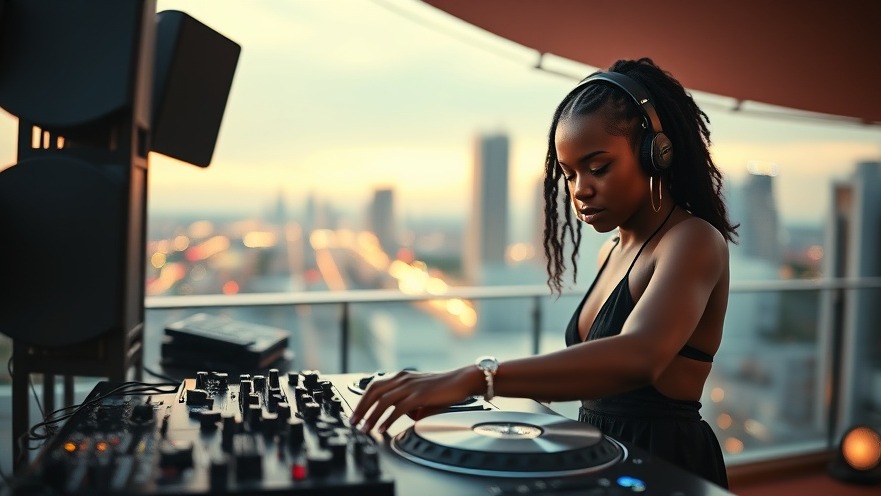 Elegant African woman DJ creating Amapiano Jazz Fusion in a luxurious rooftop setting.