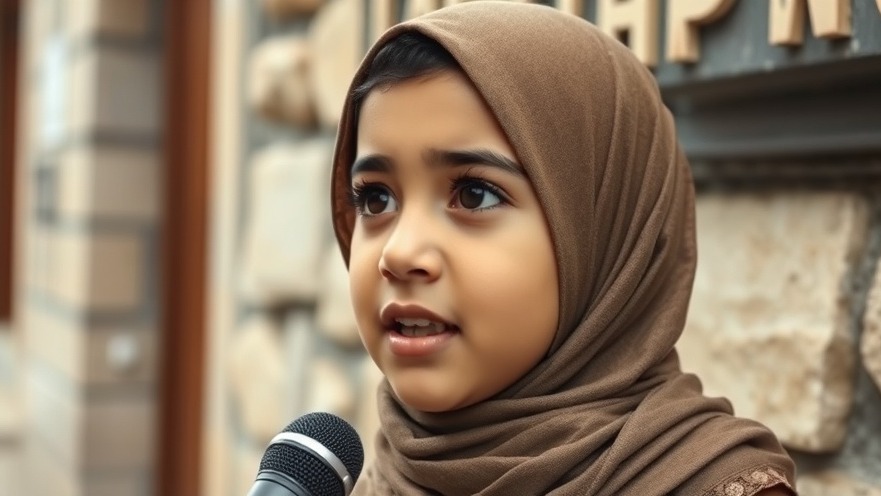 Heartfelt young Palestinian girl in hijab expressing emotional connection through community dialogue.