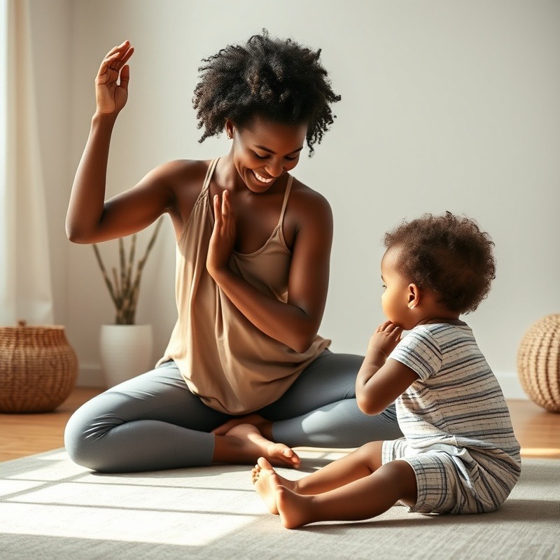 Family Mindfulness: Mother and toddler bonding through yoga, serene scene