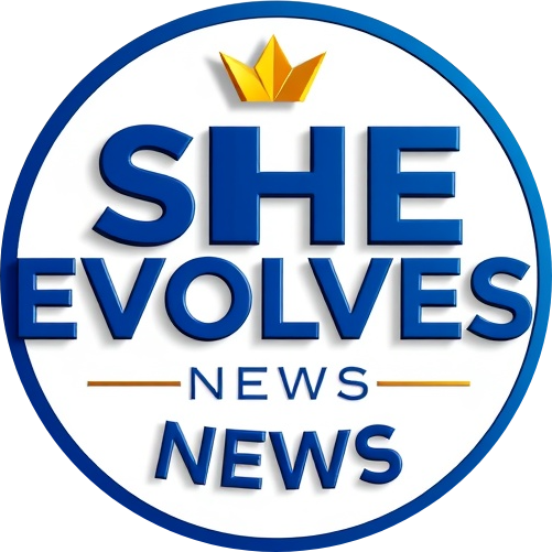3D circular logo for SHE EVOLVES NEWS featuring bold typography and African patterns.