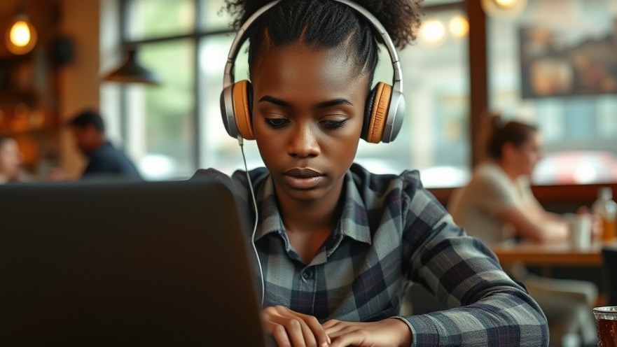 Focused young African woman with headphones enhancing cognitive clarity in a cozy cafe.